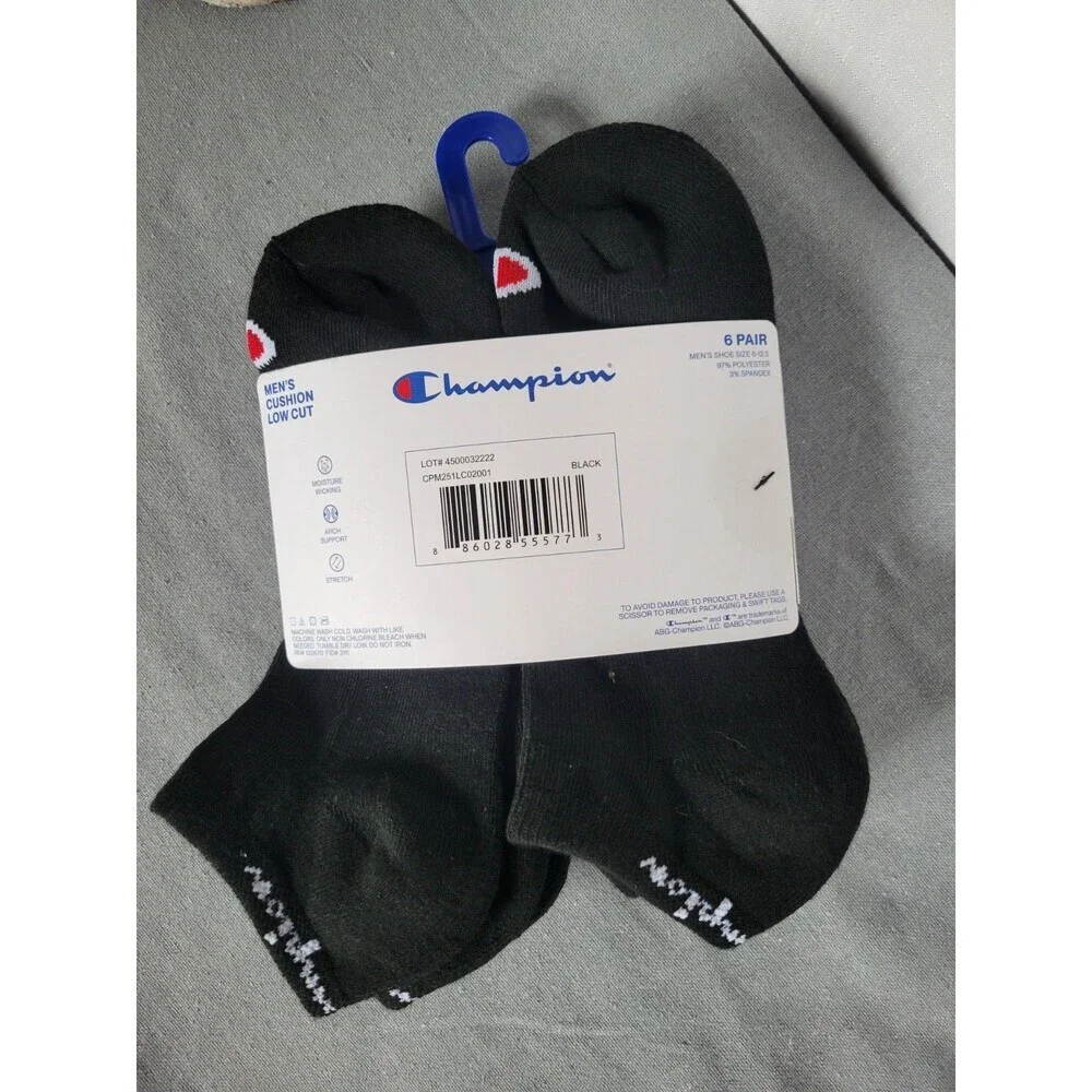 Champion Performance Cushion Low Cut Men's Socks 6 Pair Size 6-12.5 Black